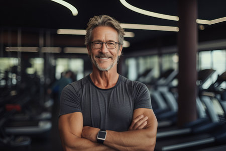 Portrait of smiling mature man standing with arms crossed in fitness centerの素材
