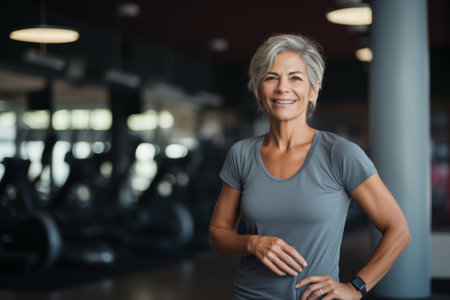 Portrait of smiling mature woman standing with arms crossed in fitness studioの素材