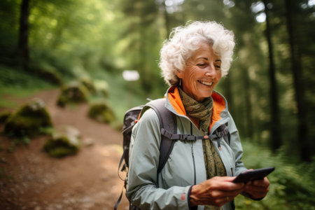 Portrait of a senior woman using mobile phone while hiking in forestの素材