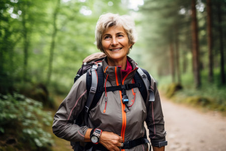 Portrait of smiling senior woman with backpack standing on forest trail.の素材