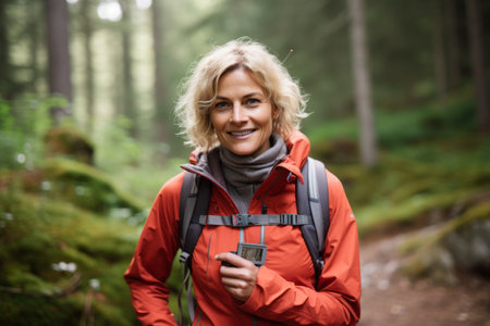Portrait of smiling senior woman with hiking backpack standing in forest.の素材
