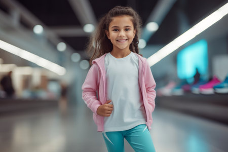 Portrait of cute little girl in sportswear running in shopping mallの素材