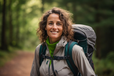 Portrait of a smiling woman with backpack standing on path in forestの素材