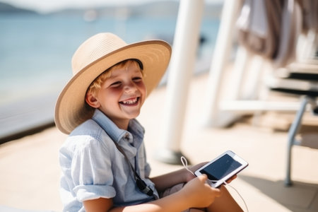 selective focus of smiling boy in straw hat using smartphone while sitting on beachの素材