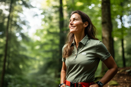 Portrait of a happy young woman standing in forest and looking awayの素材