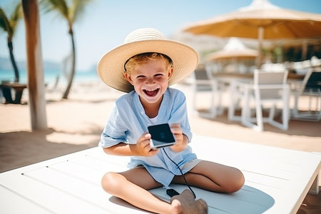 Cheerful boy in hat sitting on the sunbed and using smartphoneの素材