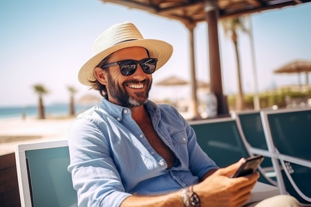 Happy young man in sunglasses and hat using mobile phone while sitting on the beachの素材
