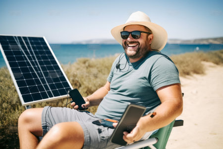 Happy man in hat and sunglasses using tablet computer while sitting in chair on beachの素材