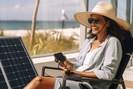 smiling african american woman in sunglasses and straw hat using smartphone while sittingchair near solar panelsの素材