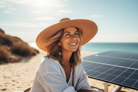 Portrait of beautiful young woman in hat and white shirt with solar panels on the beachの素材