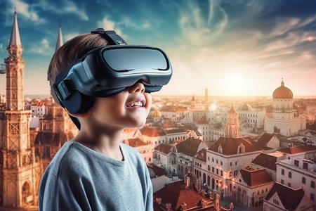 Little boy wearing virtual reality goggles against the background of the city.の素材