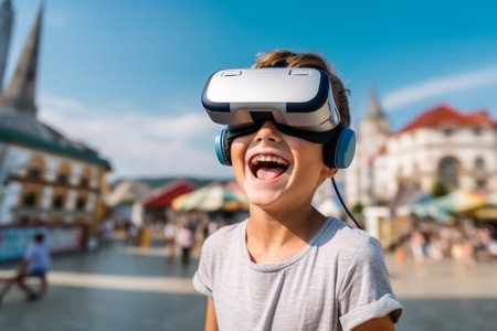 Boy wearing virtual reality goggles on the background of the old city.の素材