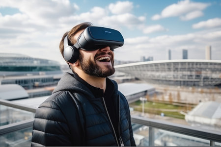 Young man using virtual reality headset on the roof of a modern buildingの素材