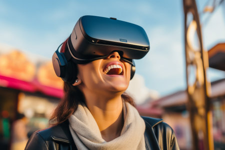 Young asian woman wearing VR glasses in the amusement park at sunset.の素材