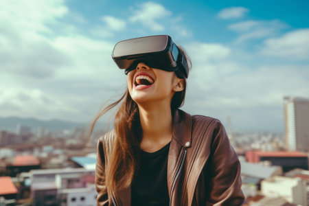 Young asian woman using virtual reality headset or 3d glasses over cityscape backgroundの素材