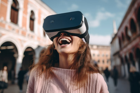 Beautiful young woman wearing virtual reality headset in Venice, Italy.の素材