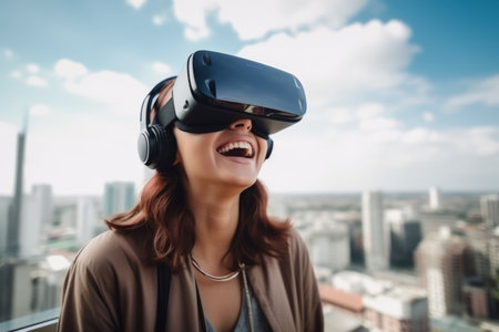 Young woman wearing virtual reality goggles on the roof of a skyscraperの素材