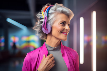 Portrait of smiling senior woman with headphones in corridor at fitness studioの素材