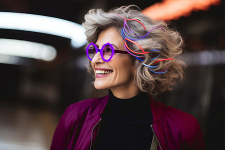 Portrait of beautiful smiling woman in purple jacket and eyeglassesの素材