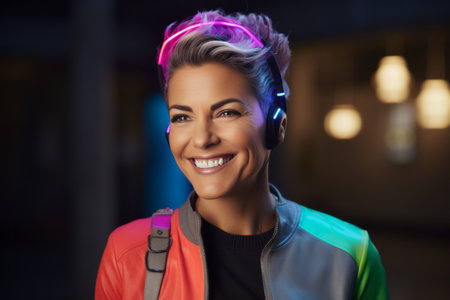 Portrait of smiling young woman in headphones listening to music at nightclubの素材