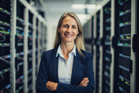 Portrait of mature businesswoman standing with arms crossed in data centerの素材