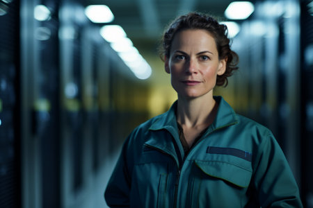 Portrait of confident female technician standing in data center at hard lightの素材
