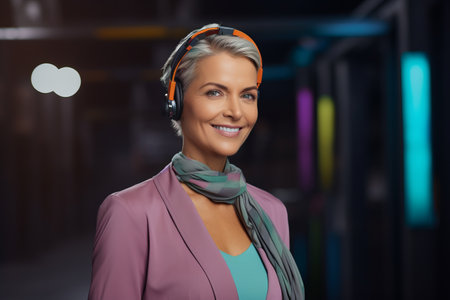 Portrait of smiling businesswoman in headphones standing in office at nightの素材