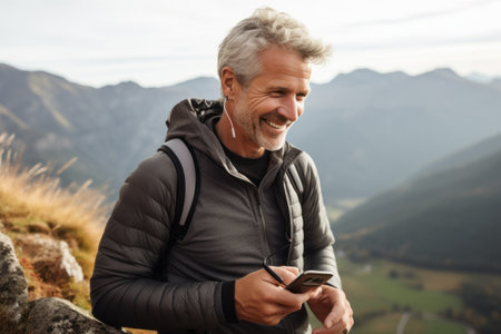 Portrait of happy mature man using mobile phone while standing on top of mountain, copy spaceの素材