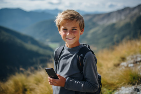 Little boy with backpack and mobile phone on top of the mountain looking at cameraの素材