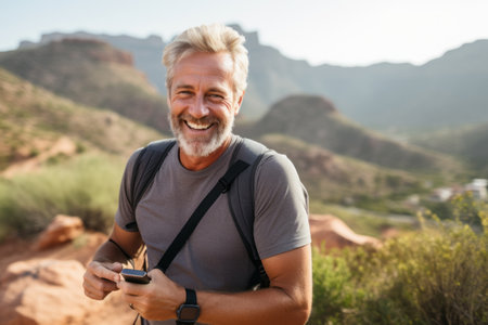 Portrait of a smiling senior man using mobile phone while hiking in the desertの素材
