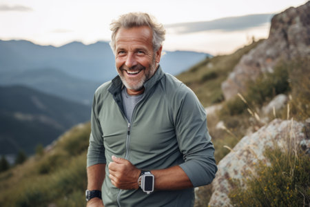 Portrait of happy senior man looking at camera while standing on top of mountainの素材