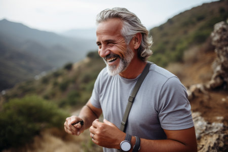 Portrait of smiling senior man looking at camera while hiking in mountainsの素材