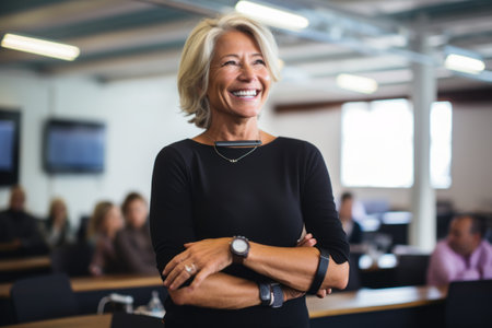 Portrait of smiling businesswoman standing with arms crossed in conference roomの素材