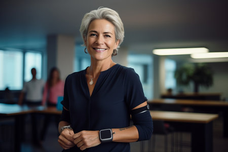 Portrait of smiling businesswoman standing in office with colleagues in backgroundの素材