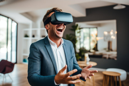 smiling businessman in virtual reality headset gesturing while standing in officeの素材