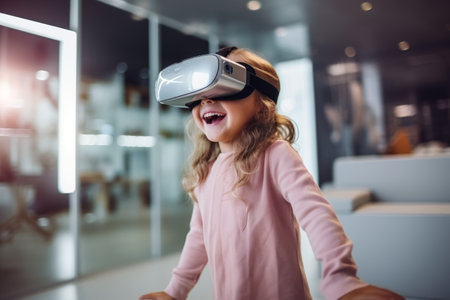 Little girl using virtual reality headset in modern office. Cute child using VR headset.の素材