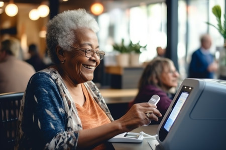 Smiling african american senior woman using a credit card at a coffee shopの素材