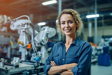 portrait of smiling factory worker standing with crossed arms in modern factoryの素材