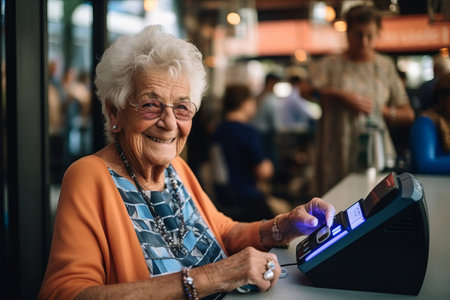 portrait of smiling senior woman using credit card reader in coffee shopの素材