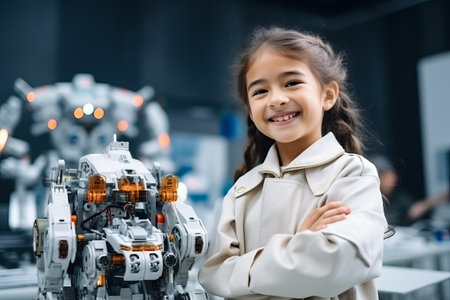 smiling little girl looking at camera while standing with crossed arms in robotics schoolの素材