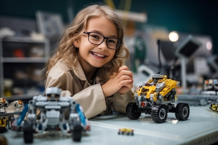 smiling kid in eyeglasses looking at camera while playing with toy robot at robotics schoolの素材