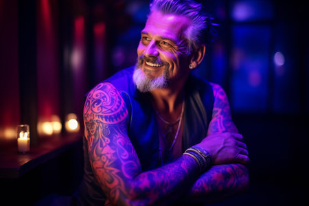 Portrait of a handsome tattooed man sitting in a nightclub.の素材