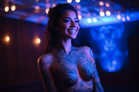 Portrait of beautiful young woman with tattoo on her body posing in dark roomの素材