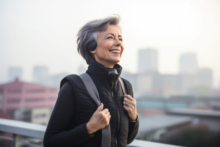 Beautiful middle-aged woman with short gray hair, wearing a black jacket and a backpack, smiling and looking at the camera.の素材