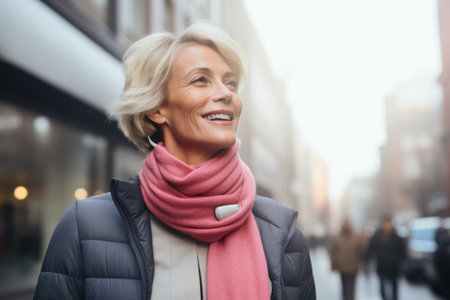 Portrait of smiling senior woman in scarf walking on street in cityの素材