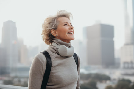 smiling senior woman with headphones listening to music and looking away in cityの素材