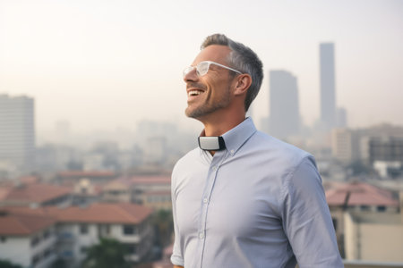 Portrait of handsome businessman with sunglasses against view of the city.の素材