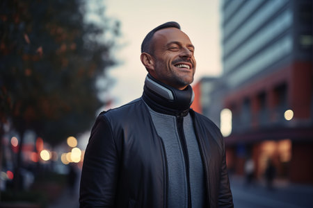 Portrait of a smiling man in a leather jacket on a city streetの素材