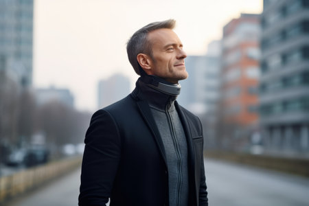 Portrait of handsome mature man in black coat walking on city streetの素材