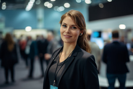 Portrait of a young businesswoman standing in an exhibition hall.の素材